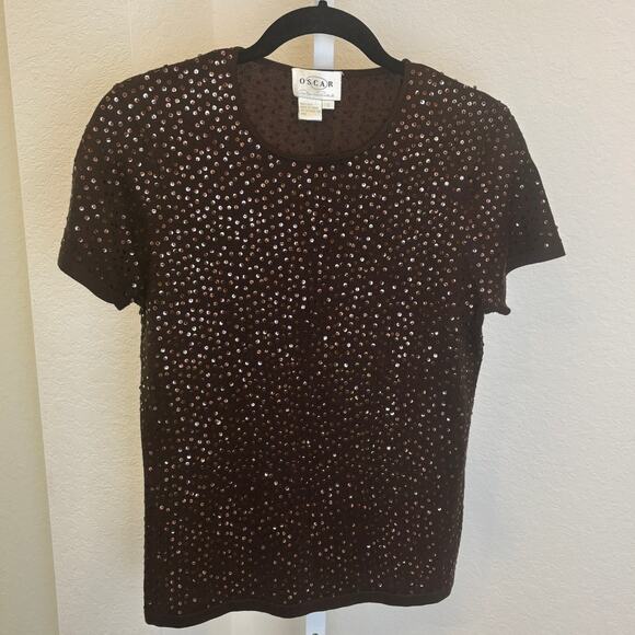 Oscar by Oscar De la Renta Women Brown Silk Sequin Short Sleeve Top Small EUC - Picture 1 of 5